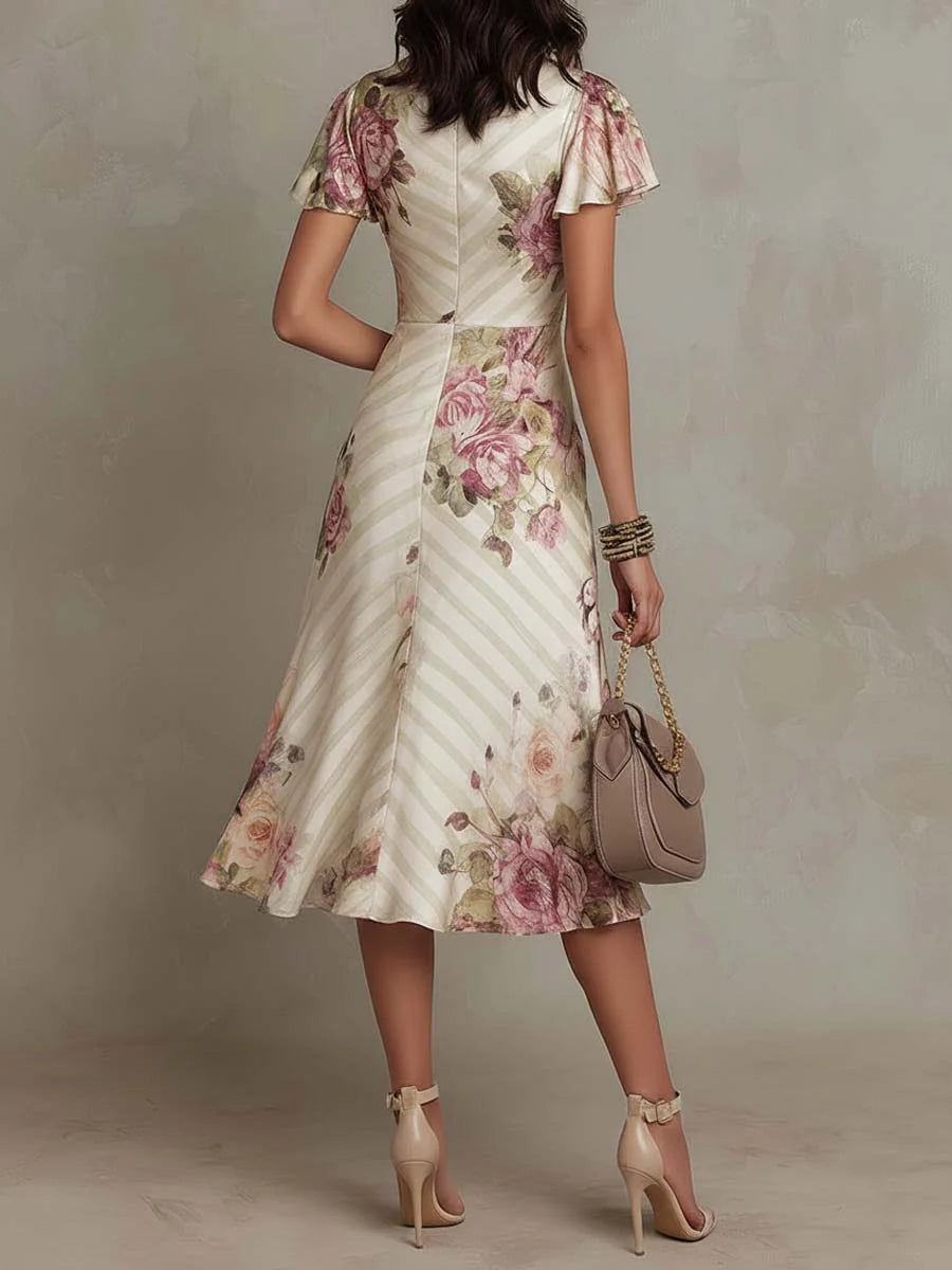 Alba - Vestido midi de satén con estampado floral, elegante y de estilo retro