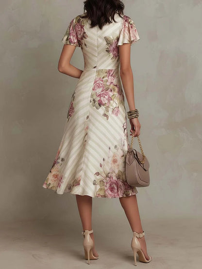 Alba - Vestido midi de satén con estampado floral, elegante y de estilo retro