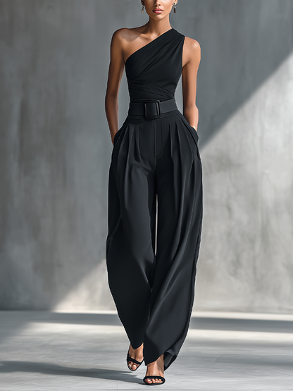 Top de punto negro muy elástico para mujer y pantalones anchos de acetato