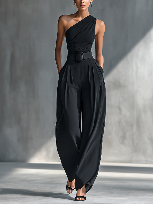 Top de punto negro muy elástico para mujer y pantalones anchos de acetato