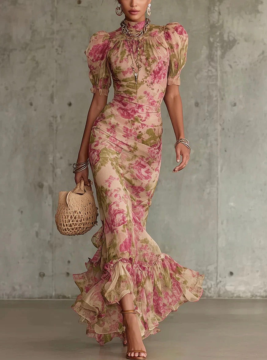 FLORA | Vestido Largo con Estampado Vintage de Rosas y Mangas Abullonadas