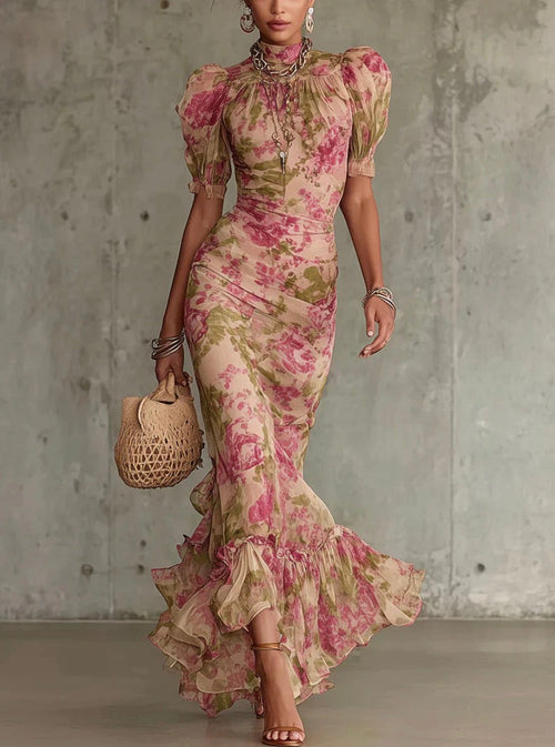 FLORA | Vestido Largo con Estampado Vintage de Rosas y Mangas Abullonadas