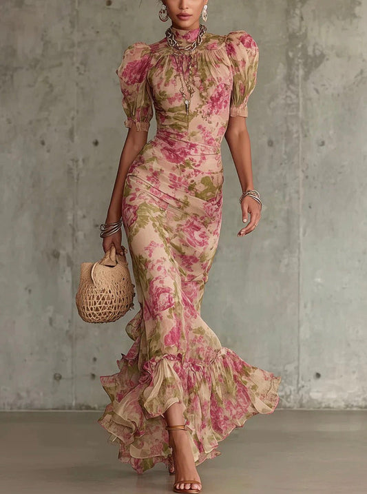 FLORA | Vestido Largo con Estampado Vintage de Rosas y Mangas Abullonadas
