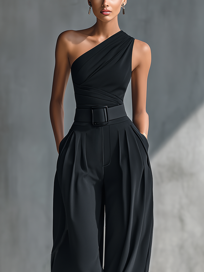 Top de punto negro muy elástico para mujer y pantalones anchos de acetato