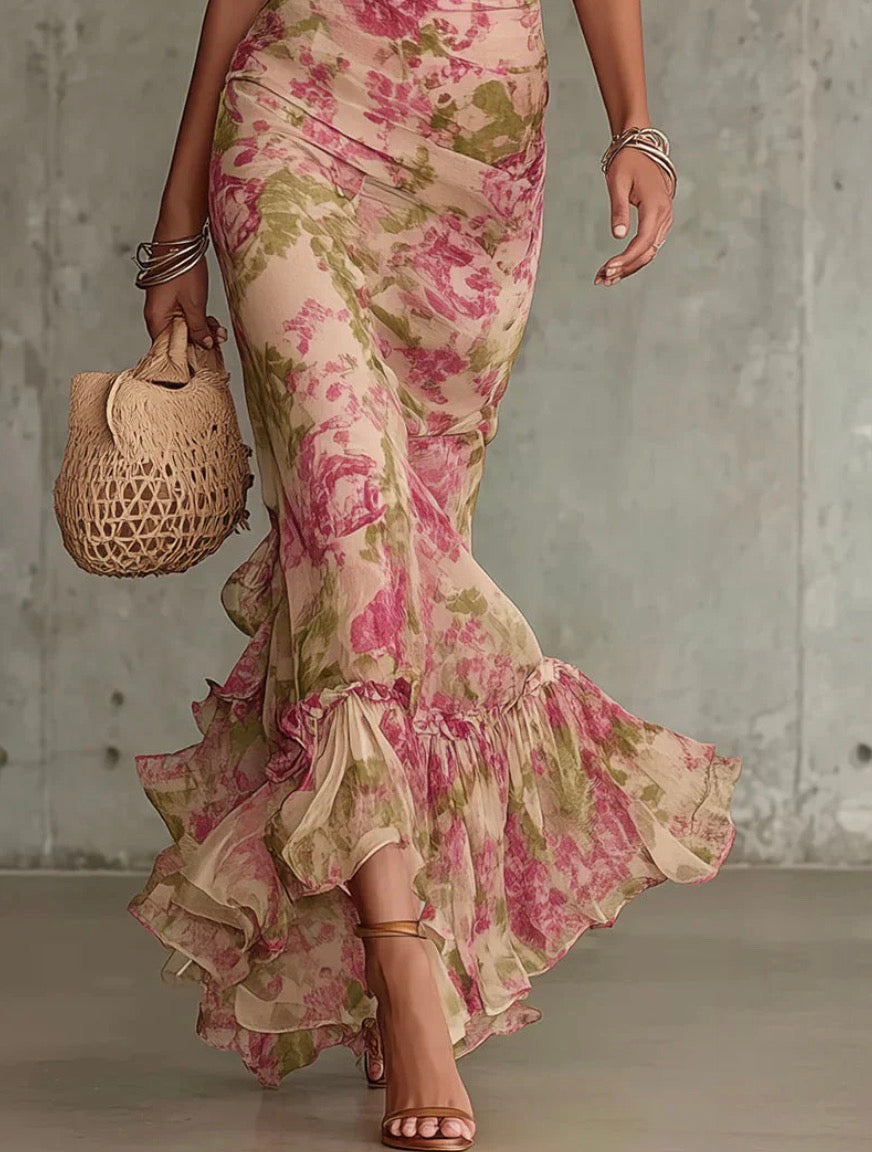FLORA | Vestido Largo con Estampado Vintage de Rosas y Mangas Abullonadas