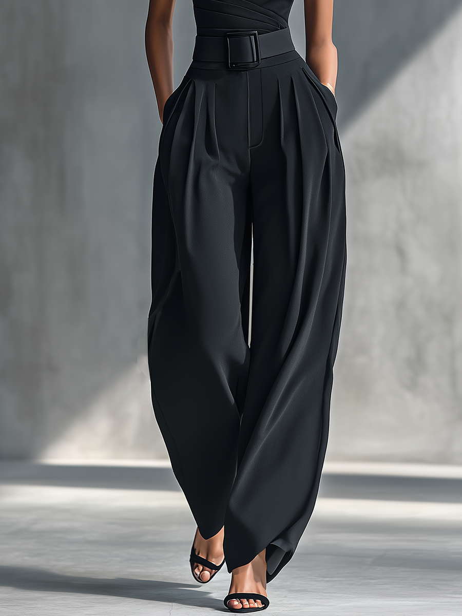 Top de punto negro muy elástico para mujer y pantalones anchos de acetato