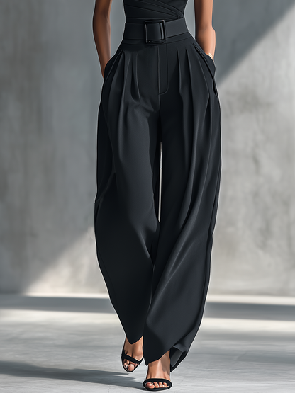 Top de punto negro muy elástico para mujer y pantalones anchos de acetato