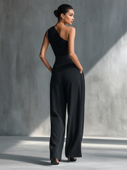Top de punto negro muy elástico para mujer y pantalones anchos de acetato