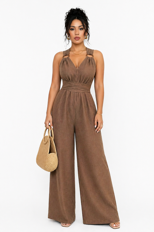 Mono de mujer con cuello en V, cinturilla ajustable y pernera ancha