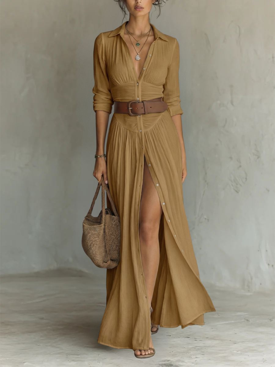 Vestido largo maxi para mujer con cuello con solapas y mangas largas en lino.