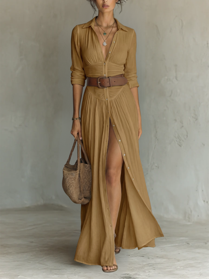 Vestido largo maxi para mujer con cuello con solapas y mangas largas en lino.