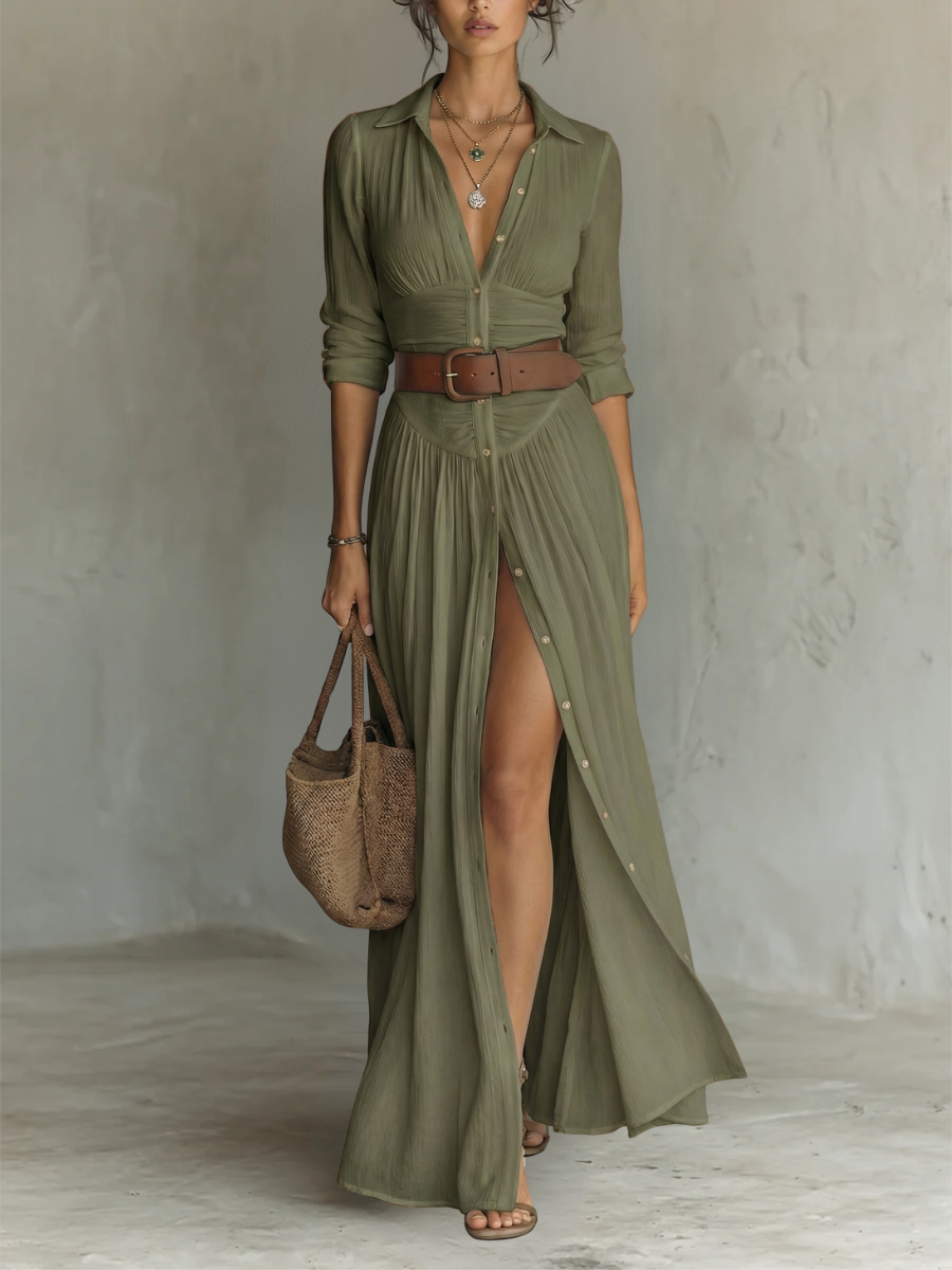 Vestido largo maxi para mujer con cuello con solapas y mangas largas en lino.