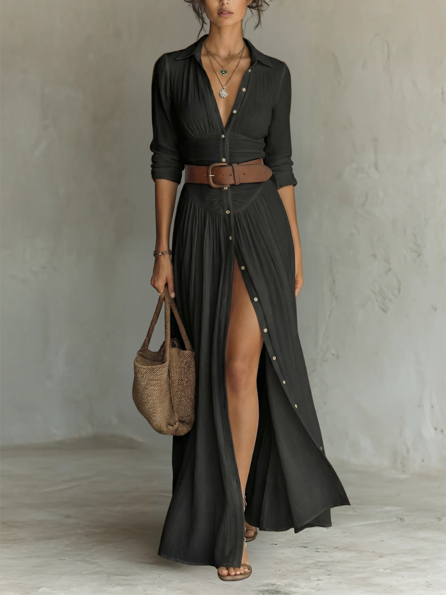 Vestido largo maxi para mujer con cuello con solapas y mangas largas en lino.