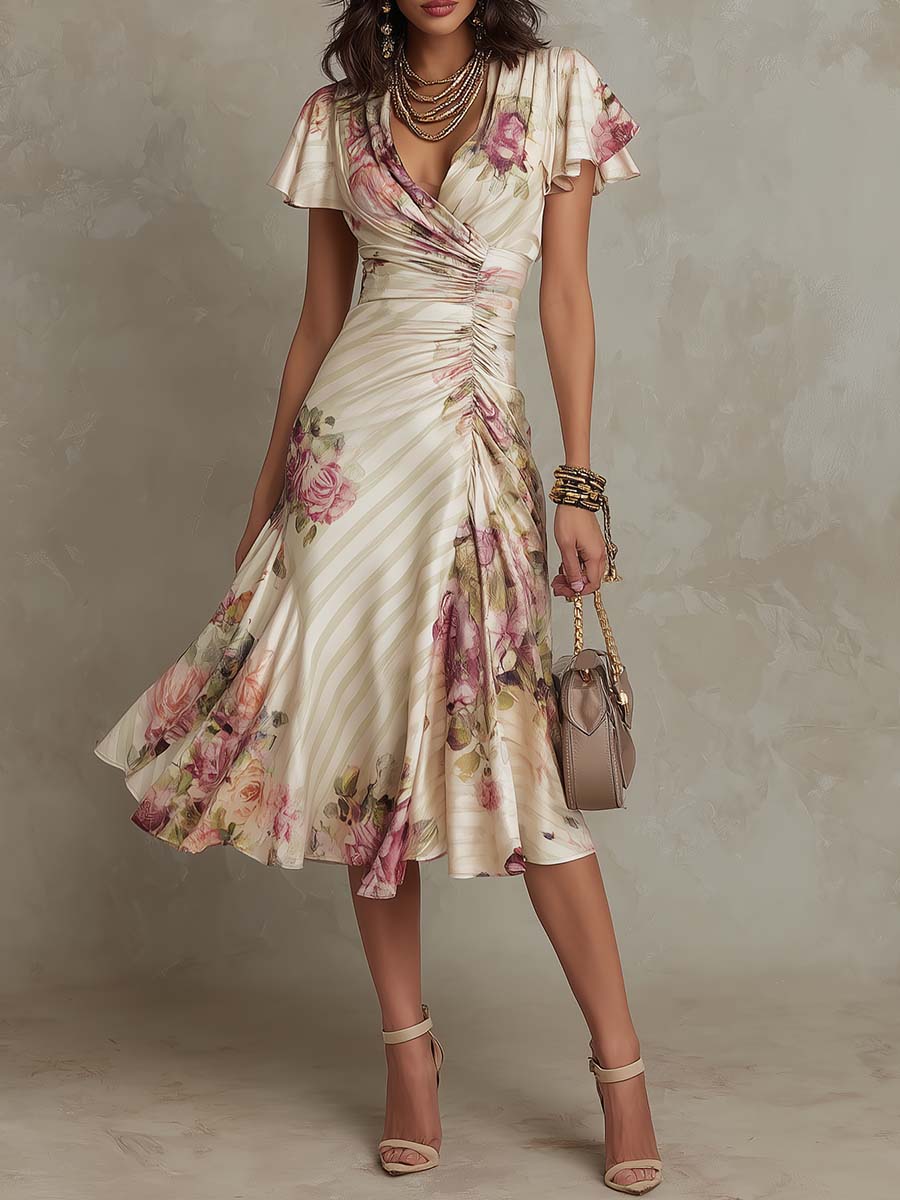 Alba - Vestido midi de satén con estampado floral, elegante y de estilo retro