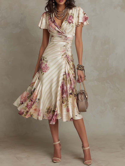 Alba - Vestido midi de satén con estampado floral, elegante y de estilo retro