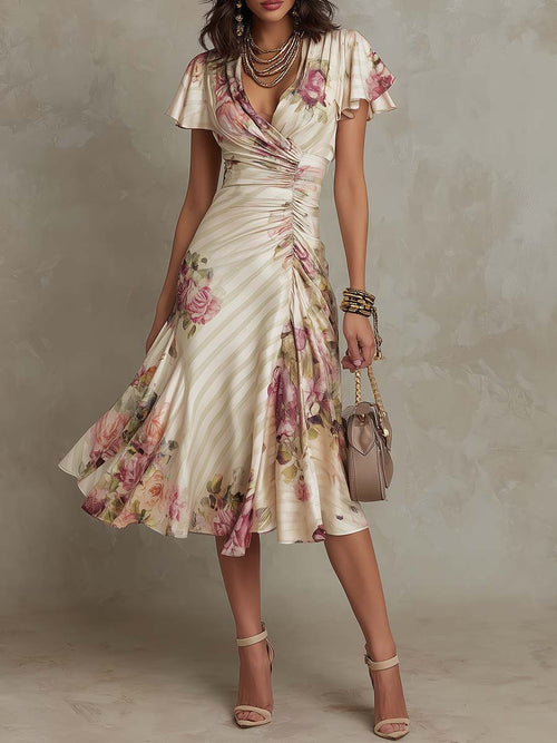 Alba - Vestido midi de satén con estampado floral, elegante y de estilo retro