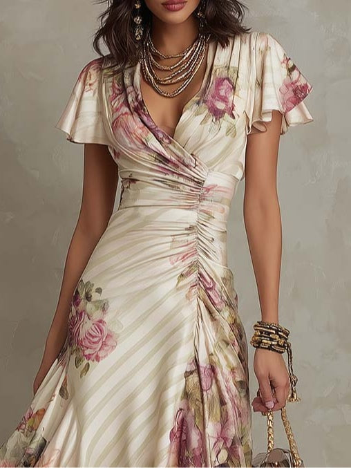 Alba - Vestido midi de satén con estampado floral, elegante y de estilo retro