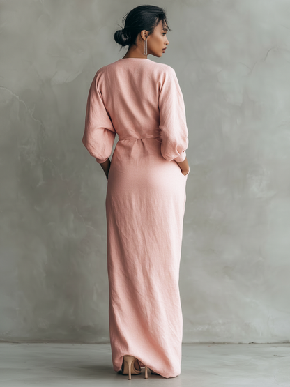 Vestido largo minimalista rosa con cuello en V, de mezcla de lino, para mujer