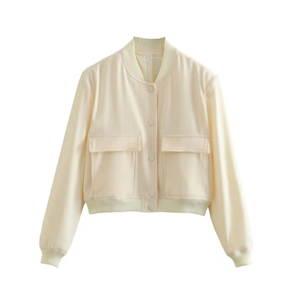Bomber Mujer Crema | Chaqueta Crop con Bolsillos — Isabella Torres