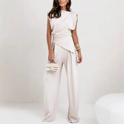 Conjunto de Dos Piezas para Mujer con Top Irregular y Pantalones de Pierna Ancha