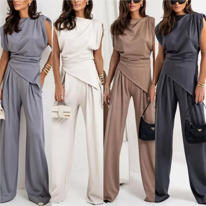Conjunto de Dos Piezas para Mujer con Top Irregular y Pantalones de Pierna Ancha