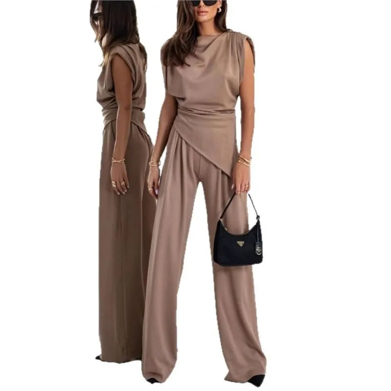 Conjunto de Dos Piezas para Mujer con Top Irregular y Pantalones de Pierna Ancha