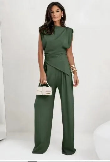 Conjunto de Dos Piezas para Mujer con Top Irregular y Pantalones de Pierna Ancha