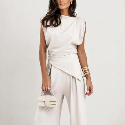 Conjunto de Dos Piezas para Mujer con Top Irregular y Pantalones de Pierna Ancha