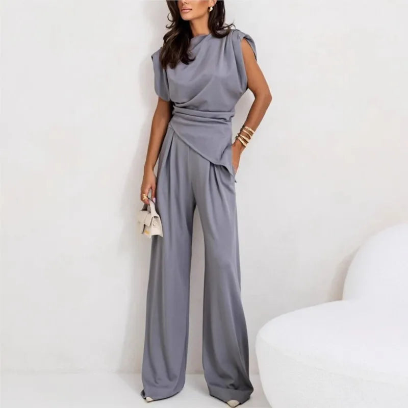Conjunto de Dos Piezas para Mujer con Top Irregular y Pantalones de Pierna Ancha
