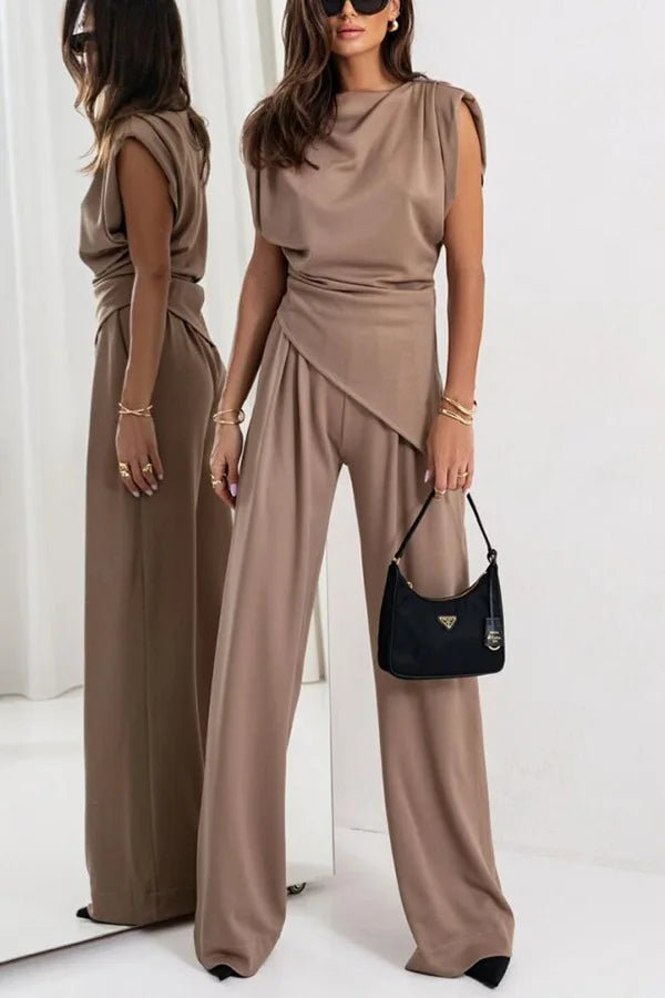 Conjunto de Dos Piezas para Mujer con Top Irregular y Pantalones de Pierna Ancha