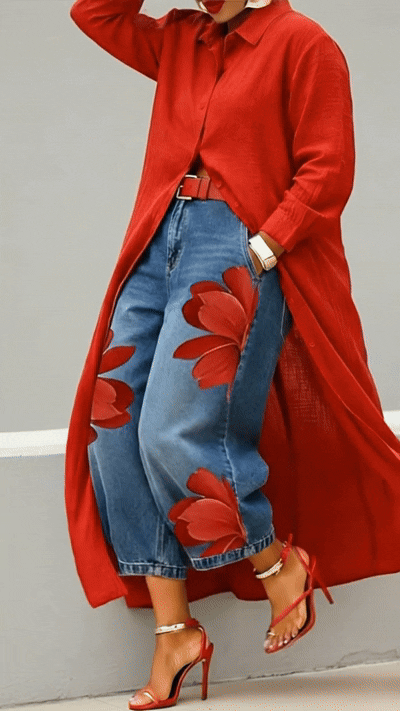 Conjunto de flores rojas: vaqueros + camisa 🌼