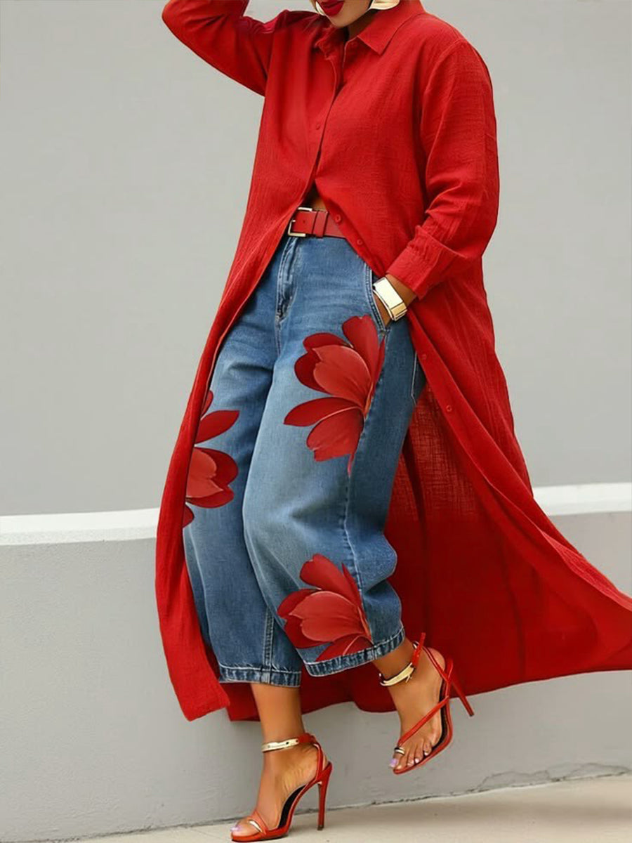 Conjunto de flores rojas: vaqueros + camisa 🌼