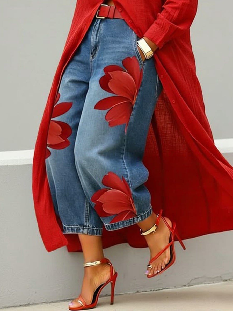 Conjunto de flores rojas: vaqueros + camisa 🌼