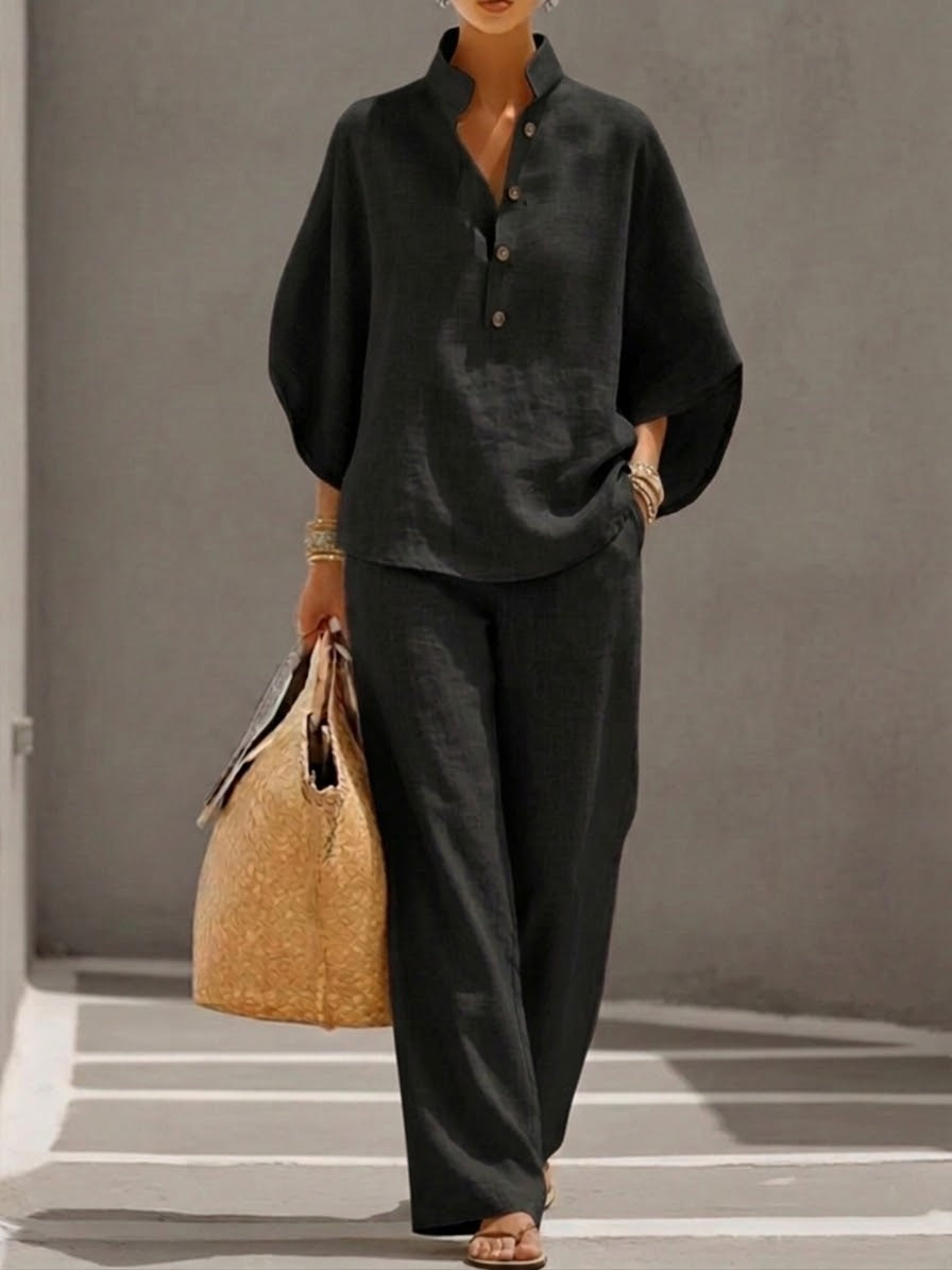 Mariel | Traje de lino con mangas murciélago y pantalón de pierna ancha
