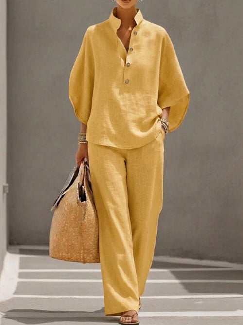 Mariel | Traje de lino con mangas murciélago y pantalón de pierna ancha
