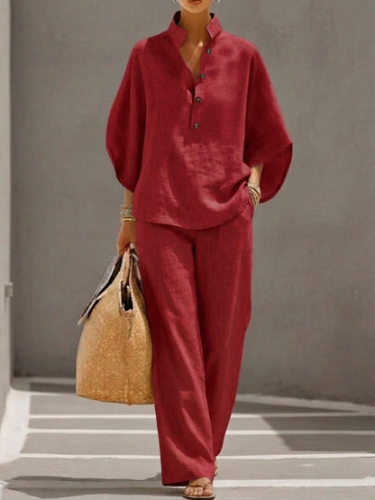 Mariel | Traje de lino con mangas murciélago y pantalón de pierna ancha