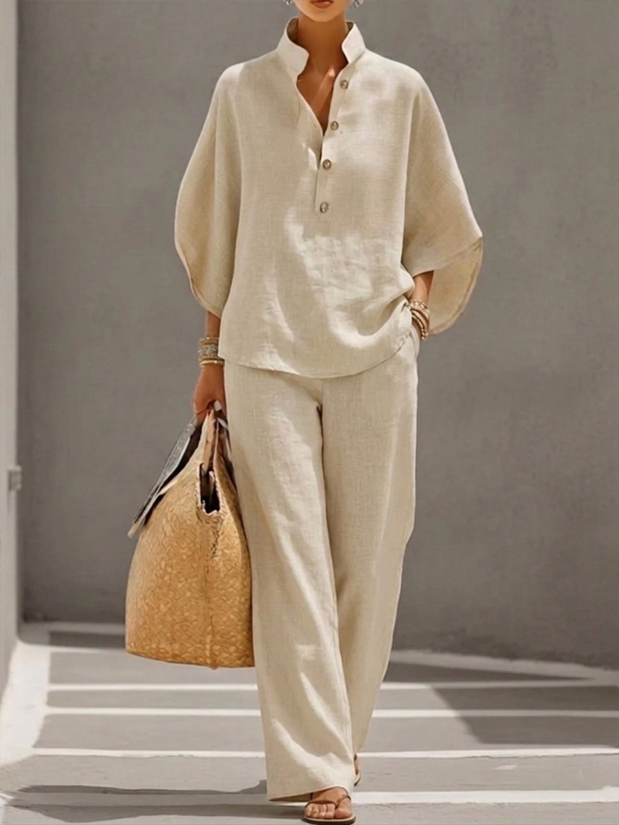 Mariel | Traje de lino con mangas murciélago y pantalón de pierna ancha