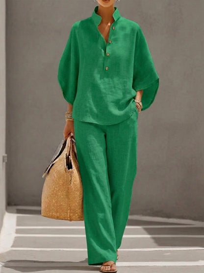 Mariel | Traje de lino con mangas murciélago y pantalón de pierna ancha