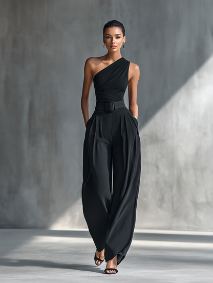 Top de punto negro muy elástico para mujer y pantalones anchos de acetato